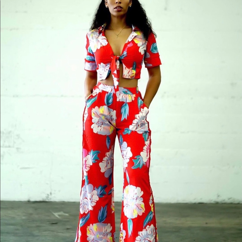Red Floral Tie Front Tulum Pants Set NWT